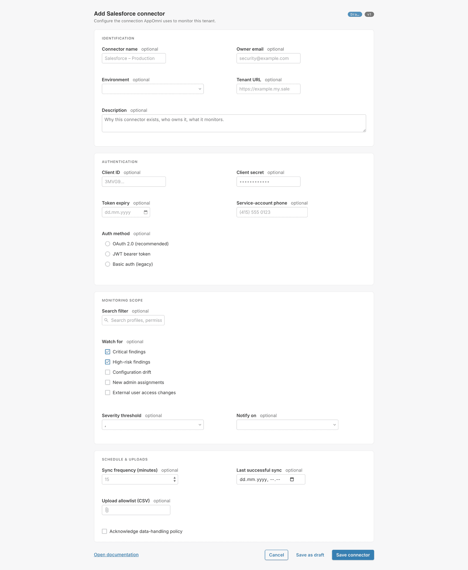A composed connector form built entirely from AppOmni components — text, email, password, date, tel, number, file and search inputs; single and multi select; radio group; checkbox group; textarea; primary/secondary/tertiary/link buttons
