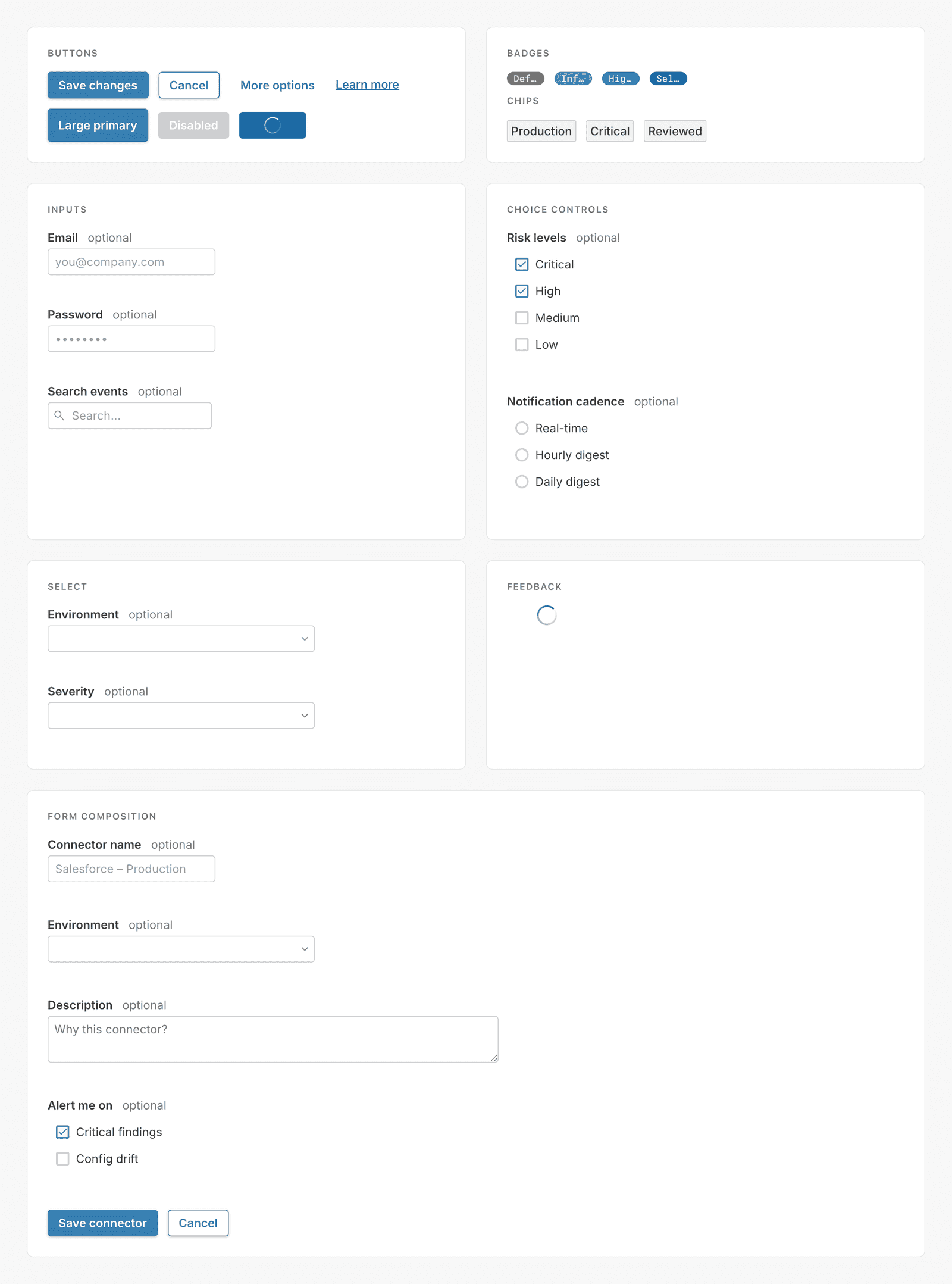 A grid of AppOmni components — buttons, badges, chips, inputs, choice controls, select, feedback indicators