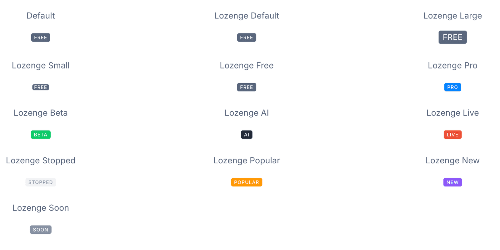 Lozenge in its full set of types — FREE, PRO, BETA, AI, LIVE, STOPPED, POPULAR, NEW, SOON — across small, medium, and large sizes