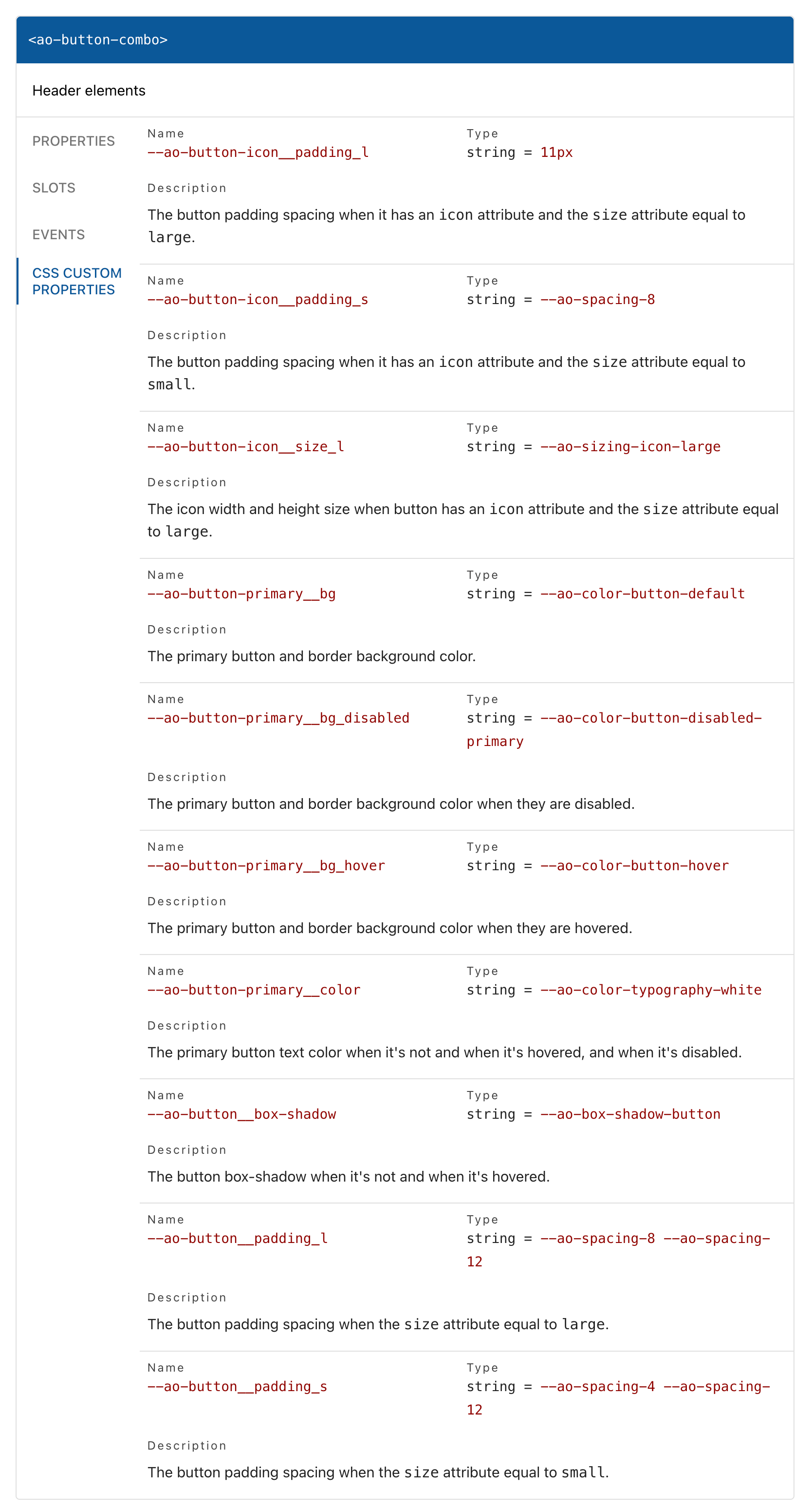 CSS Custom Properties tab on the Button-Combo docs page — every public CSS variable listed with name, default token, and description