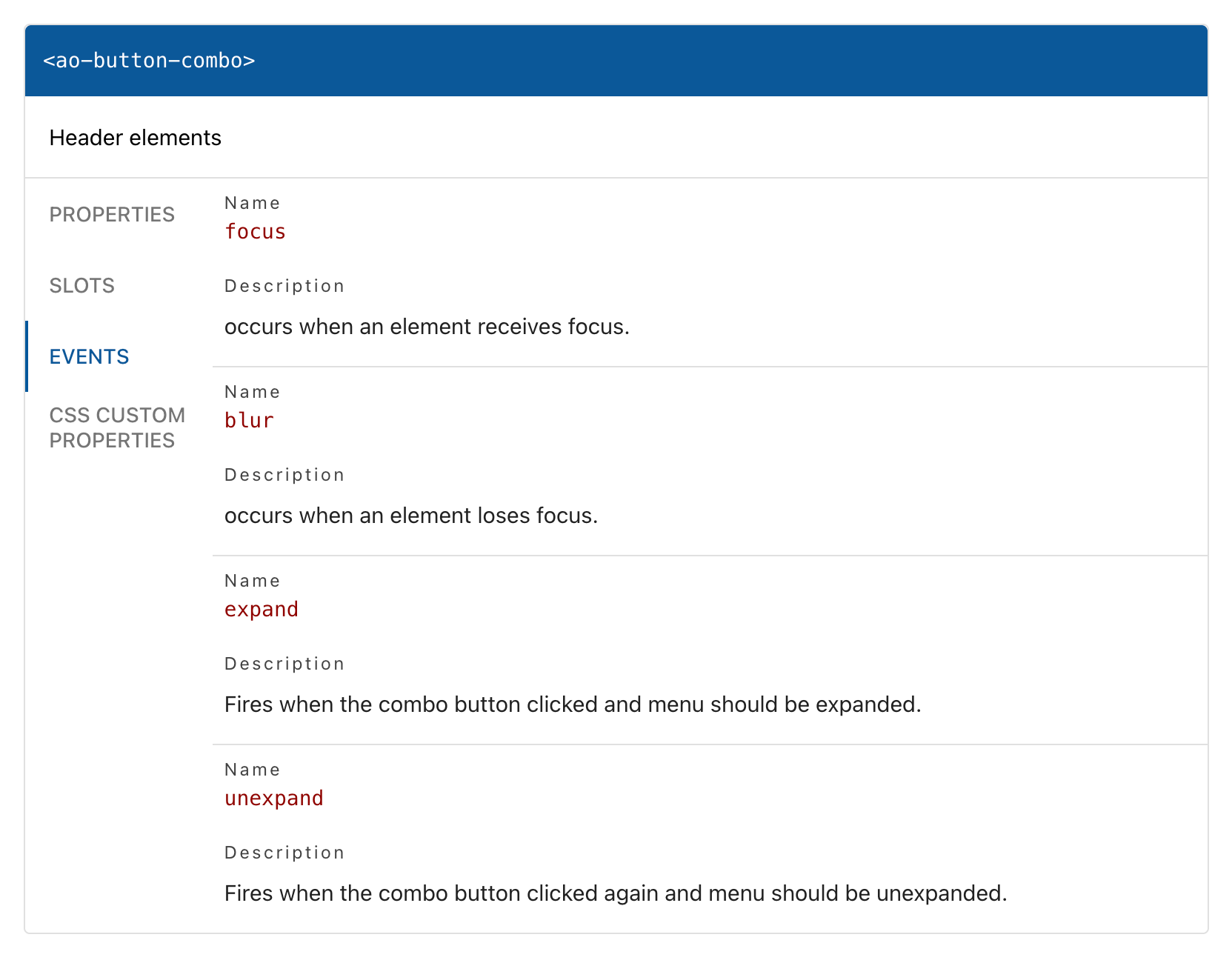 Events tab on the Button-Combo docs page — onFocus, onBlur, onExpand, onUnexpand events with typed dispatchers