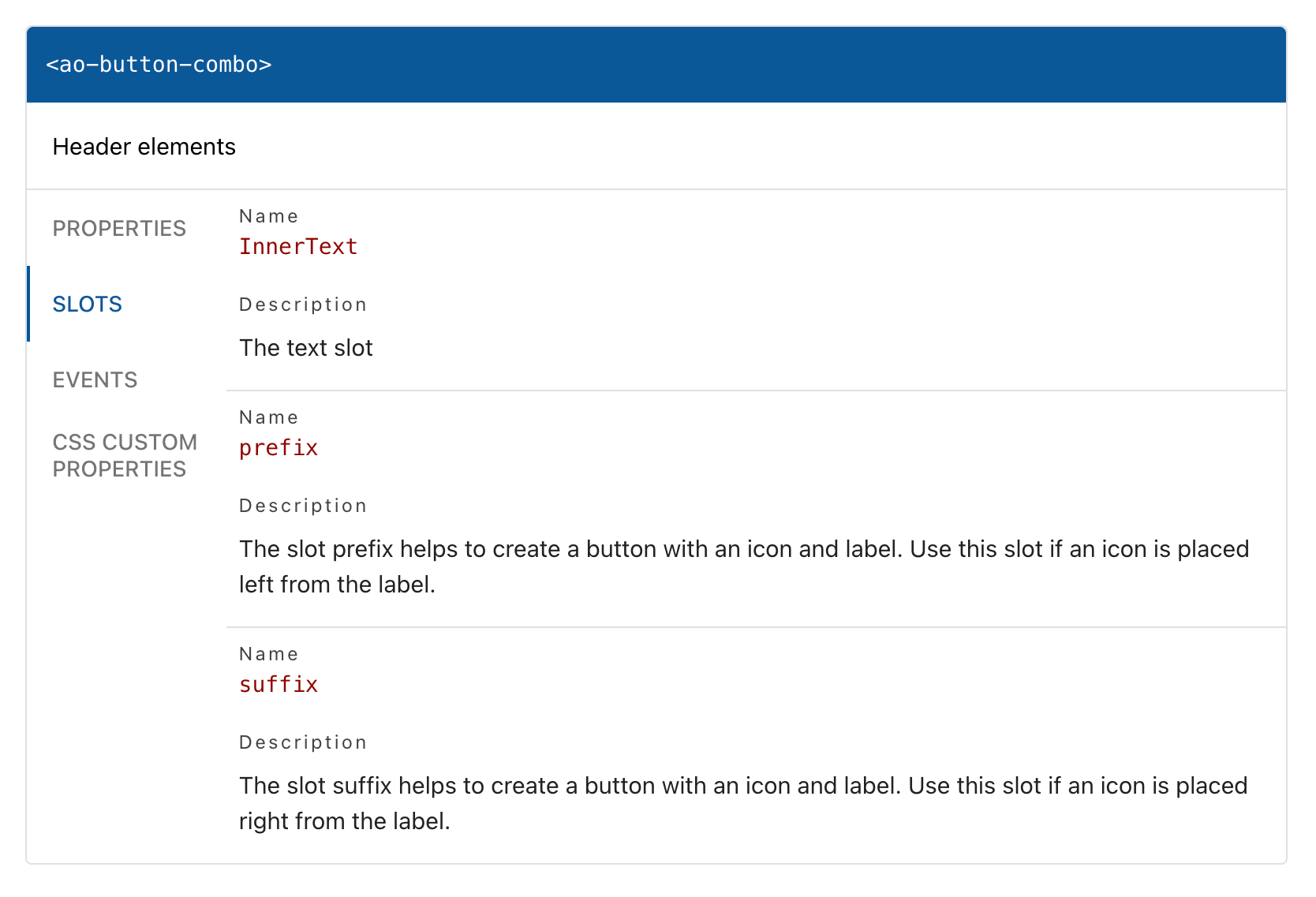 Slots tab on the Button-Combo docs page — InnerText, prefix, suffix slots described