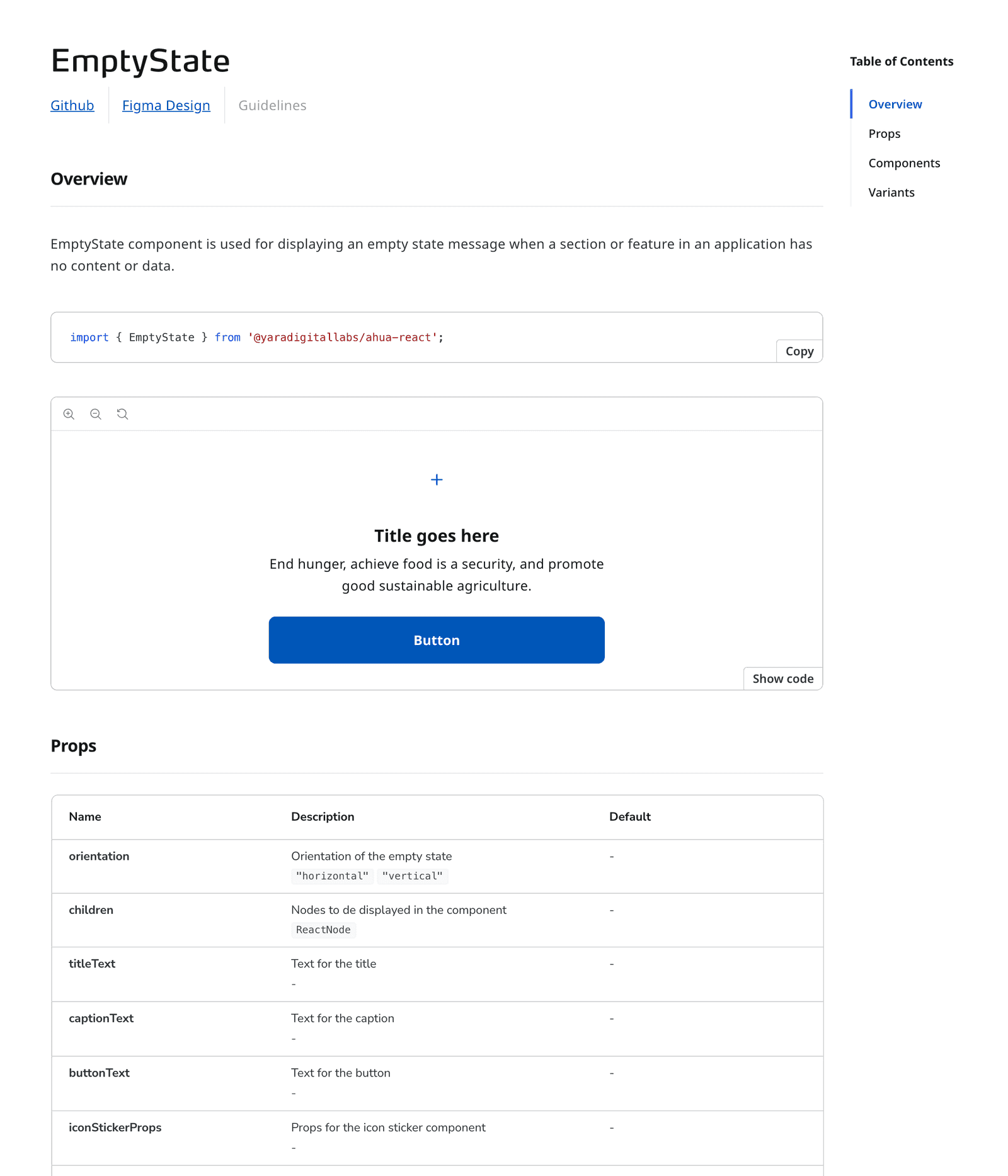 A component page in the custom Storybook UI — Github / Figma / Guidelines source links at the top, a copy-ready import snippet, the component preview with zoom and "show code" controls, a Table of Contents on the right, and the custom props table below