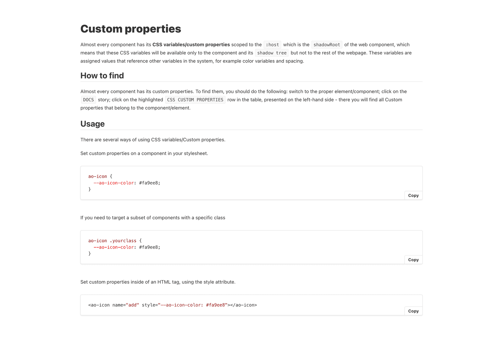Storybook user-guide page on custom properties — explains scoped :host CSS variables, how to find them, and three ways consumers can override them